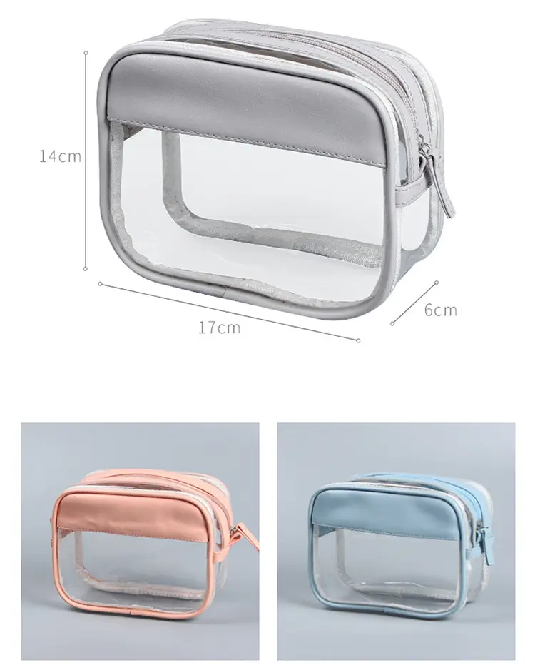 Compact transparent cosmetic pouch integrated into a beauty brand promotional cosmetics gift set